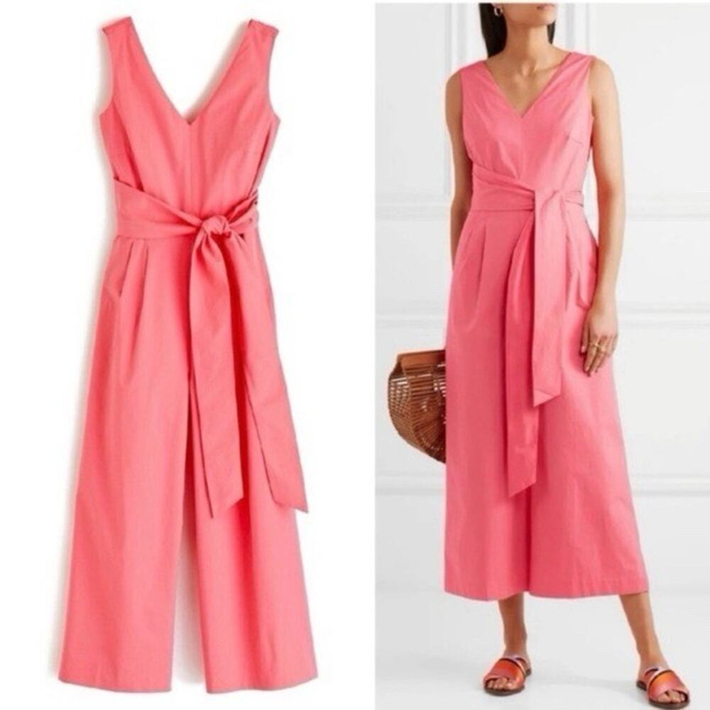 J. Crew Wrap Tie Sash V-Neck Pink Coral Poplin Wide Leg‎ Jumpsuit Size 12 NWT